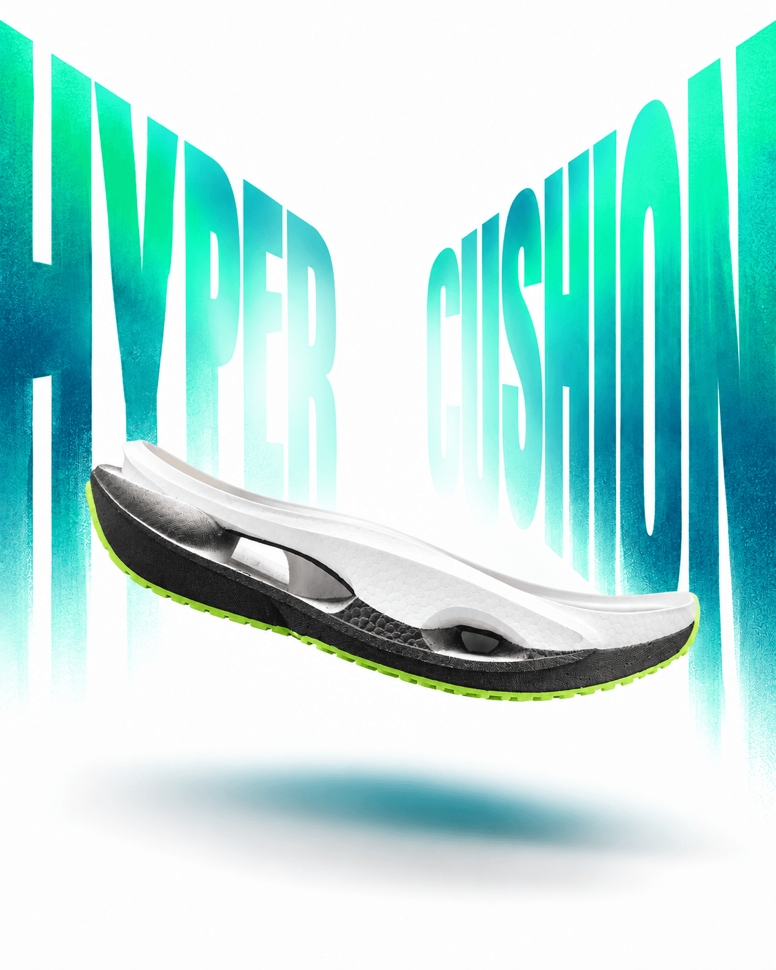 Hypercushion sole rising between the letters of the word Hypercushion
