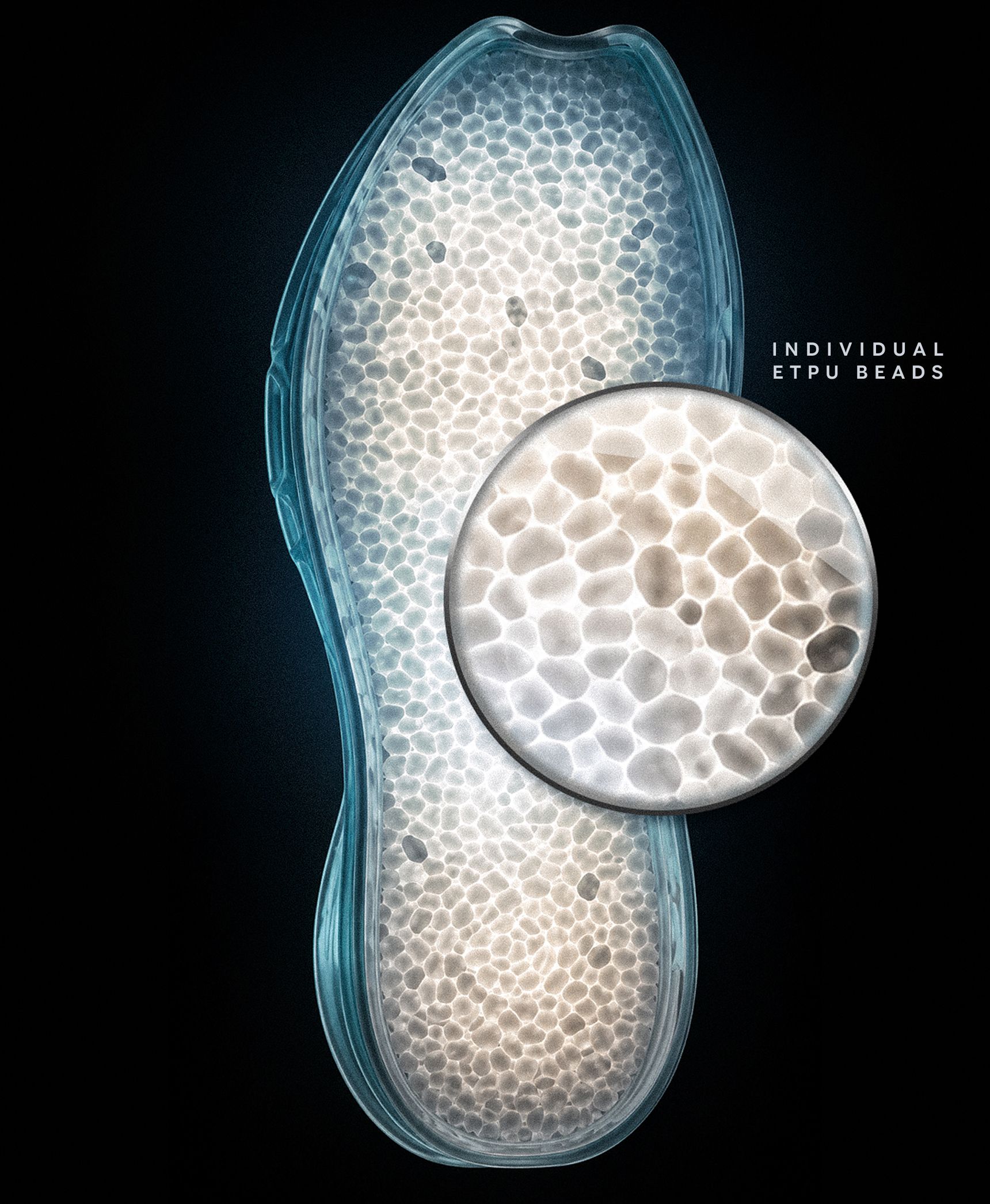 Hypercushion sole filled with ETPU beads, with a close-up of individual beads