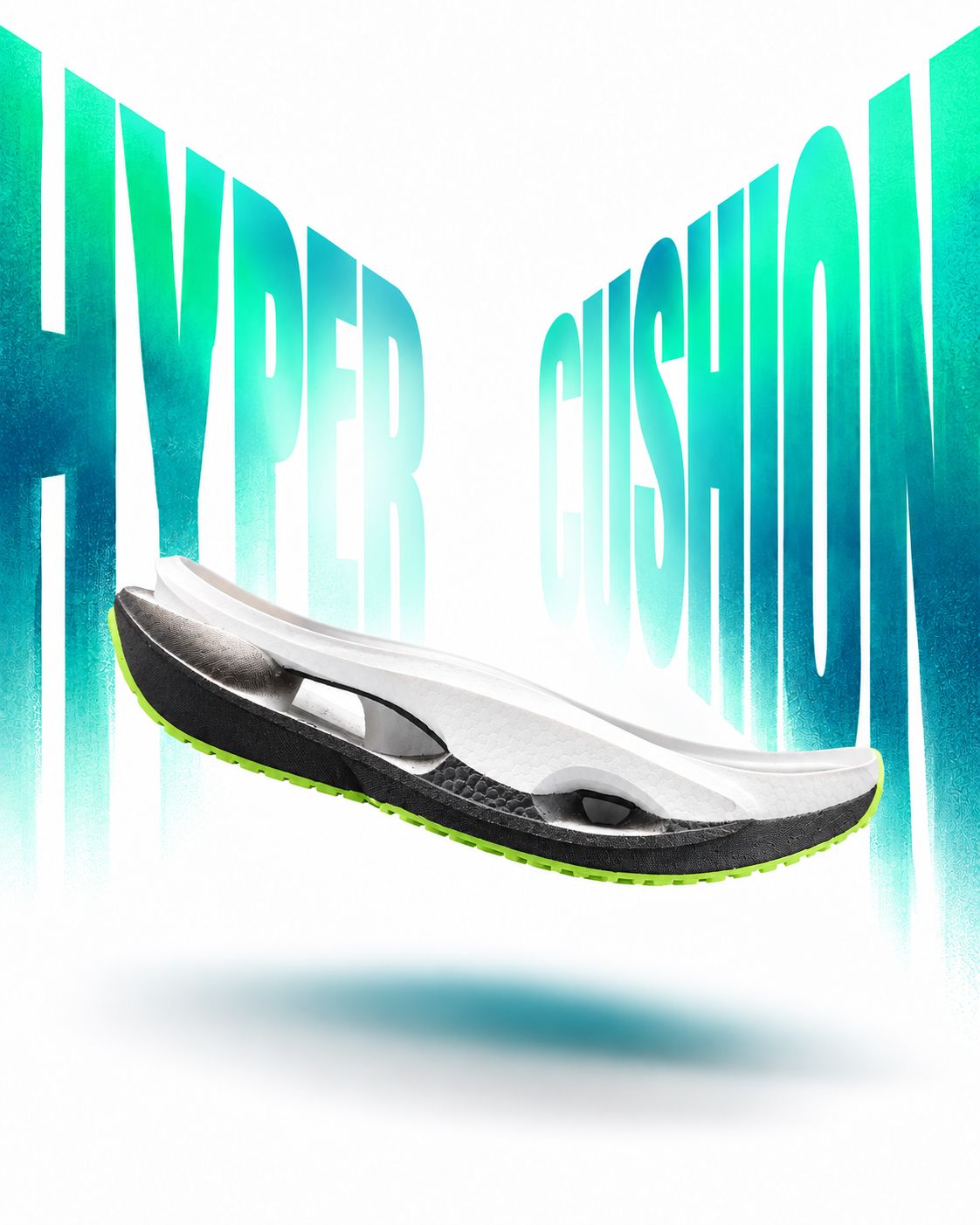Hypercushion sole rising between the letters of the word Hypercushion